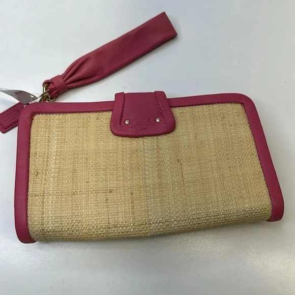 Coach Park Straw Clutch Handbag Small Purse Leather Metal Gold Tan Pink New NWT - Picture 7 of 13